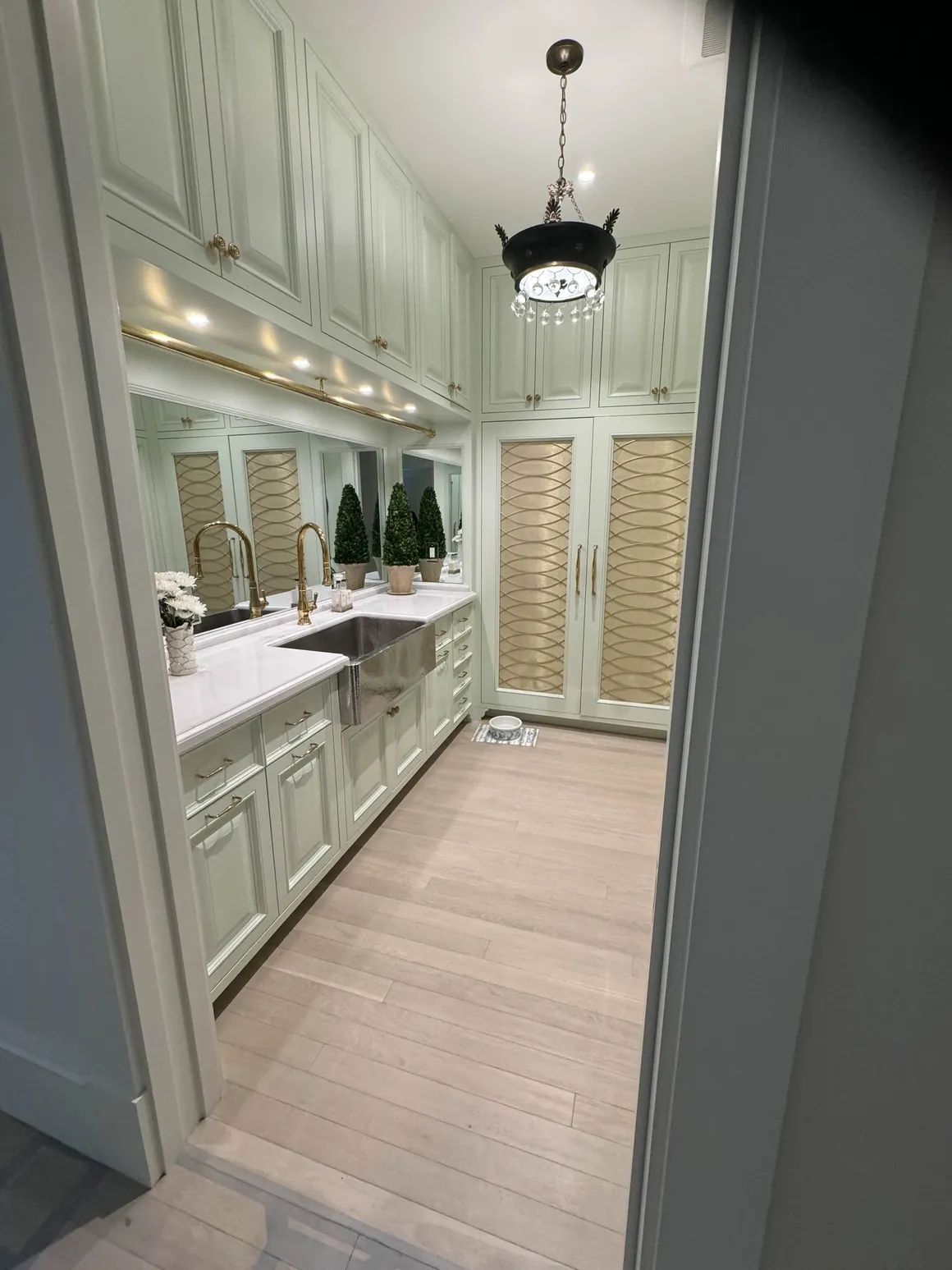 Pantry with painted cabinetry and brass fixtures